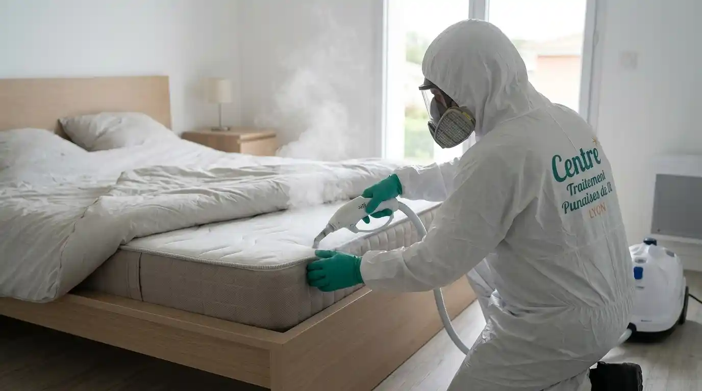 Technicien réalisant un traitement thermique sur un lit contre les punaises de lit