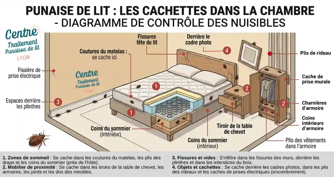 Schéma des principales cachettes de punaises de lit dans une chambre